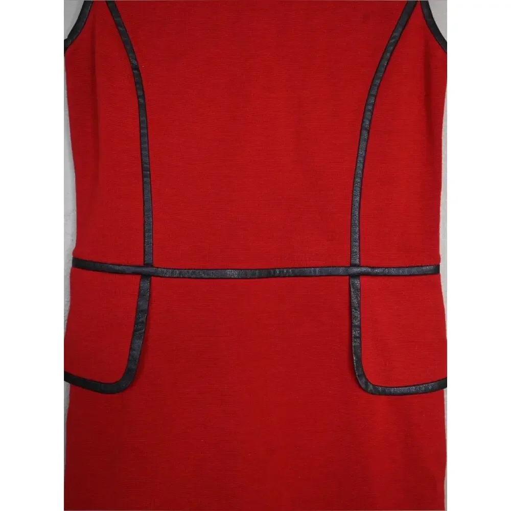Tory Burch Womens XS Red Wool Blend Sheath Dress with Leather Trim